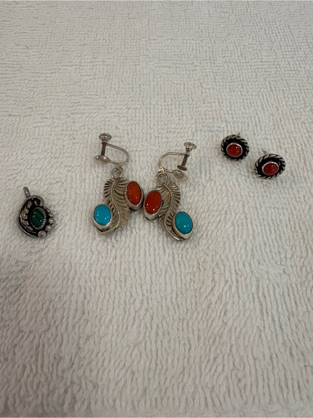 Sterling Silver Feather Drop Earrings with Turquoise and Coral Stones